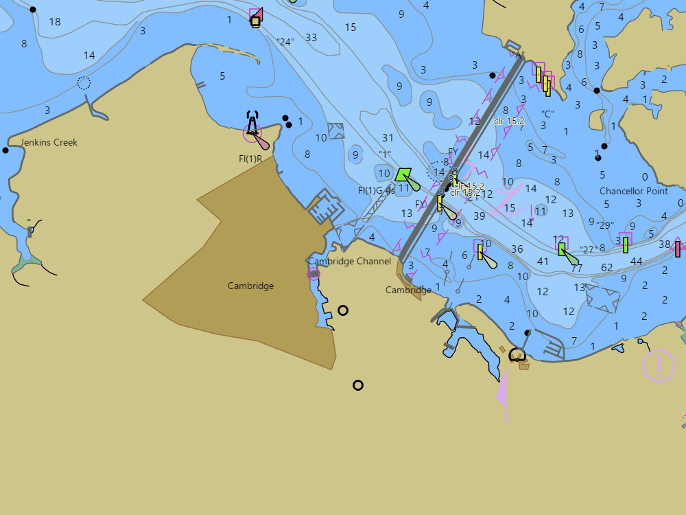 NOAA nautical chart of Cambridge — water depths in feet, buoys and hazards