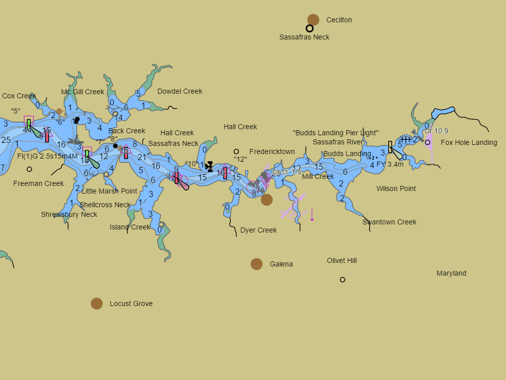 NOAA nautical chart of Georgetown & the Sassafras River — water depths in feet, buoys and hazards
