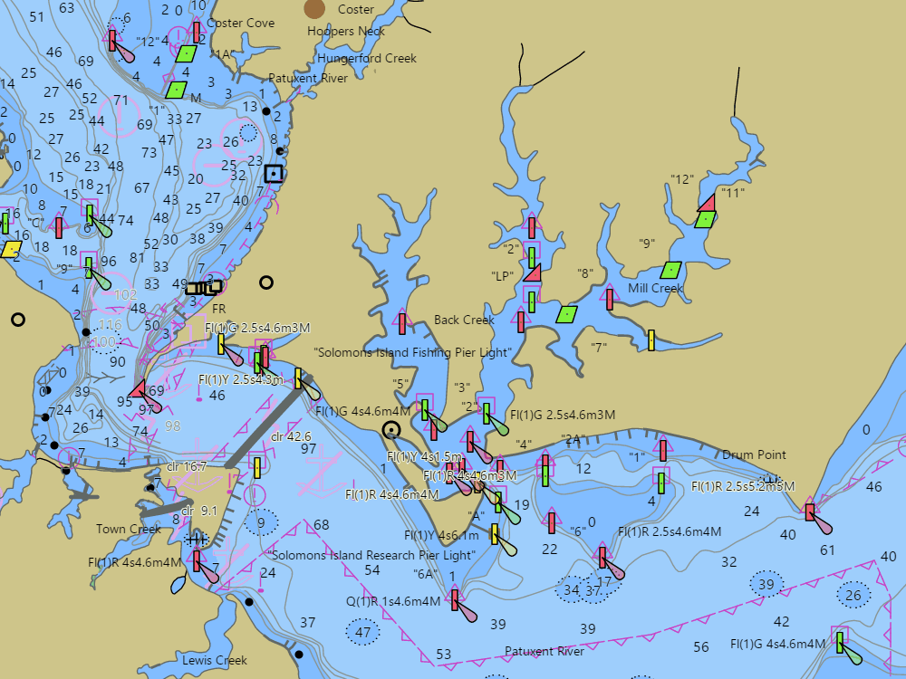 NOAA nautical chart of Solomons Island — water depths in feet, buoys and hazards