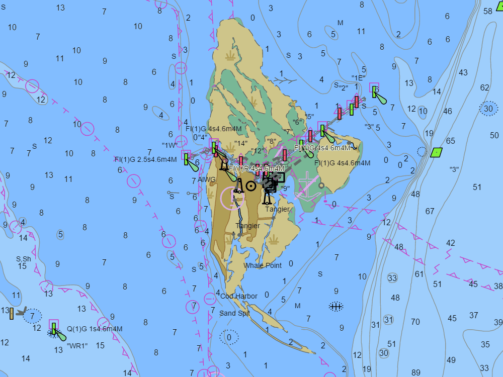 NOAA nautical chart of Tangier Island — water depths in feet, buoys and hazards