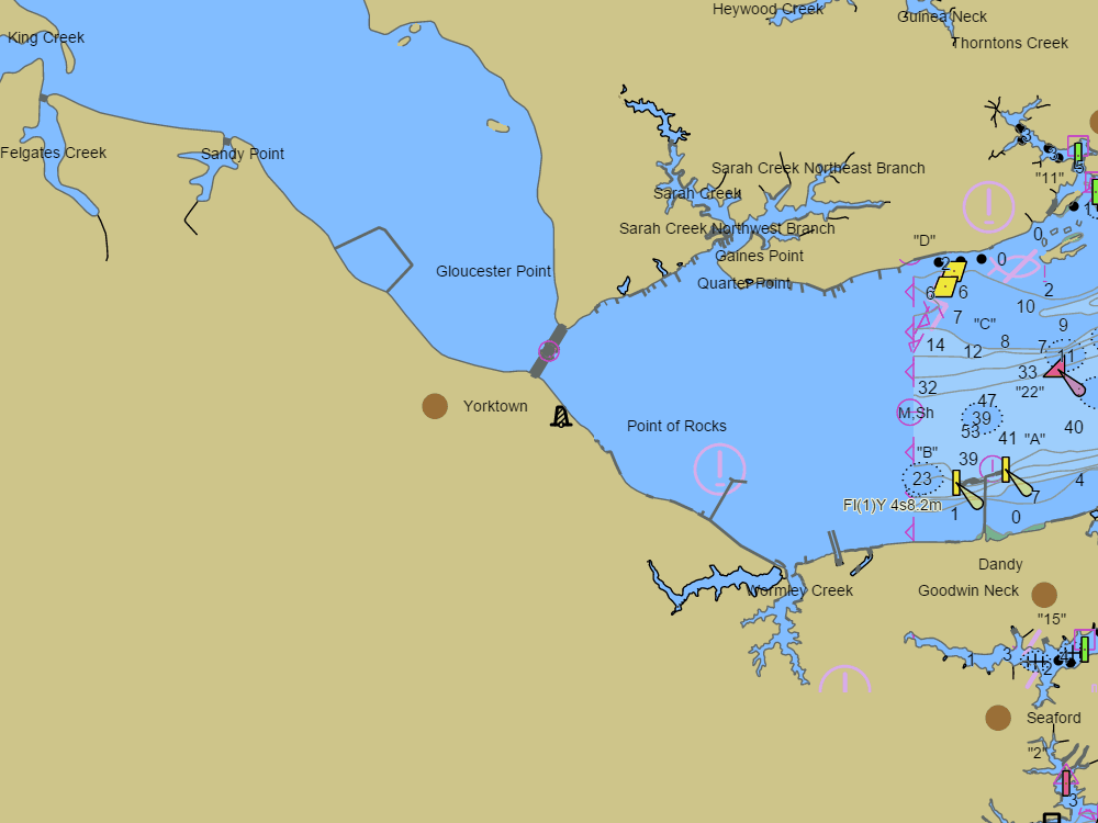 NOAA nautical chart of Yorktown — water depths in feet, buoys and hazards